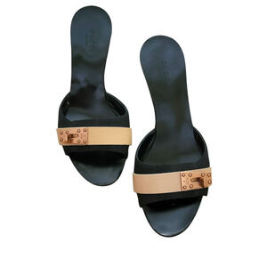 Gucci Black Beige Patent Leather GG Logo Turnlock Mule Slides 37 US 7